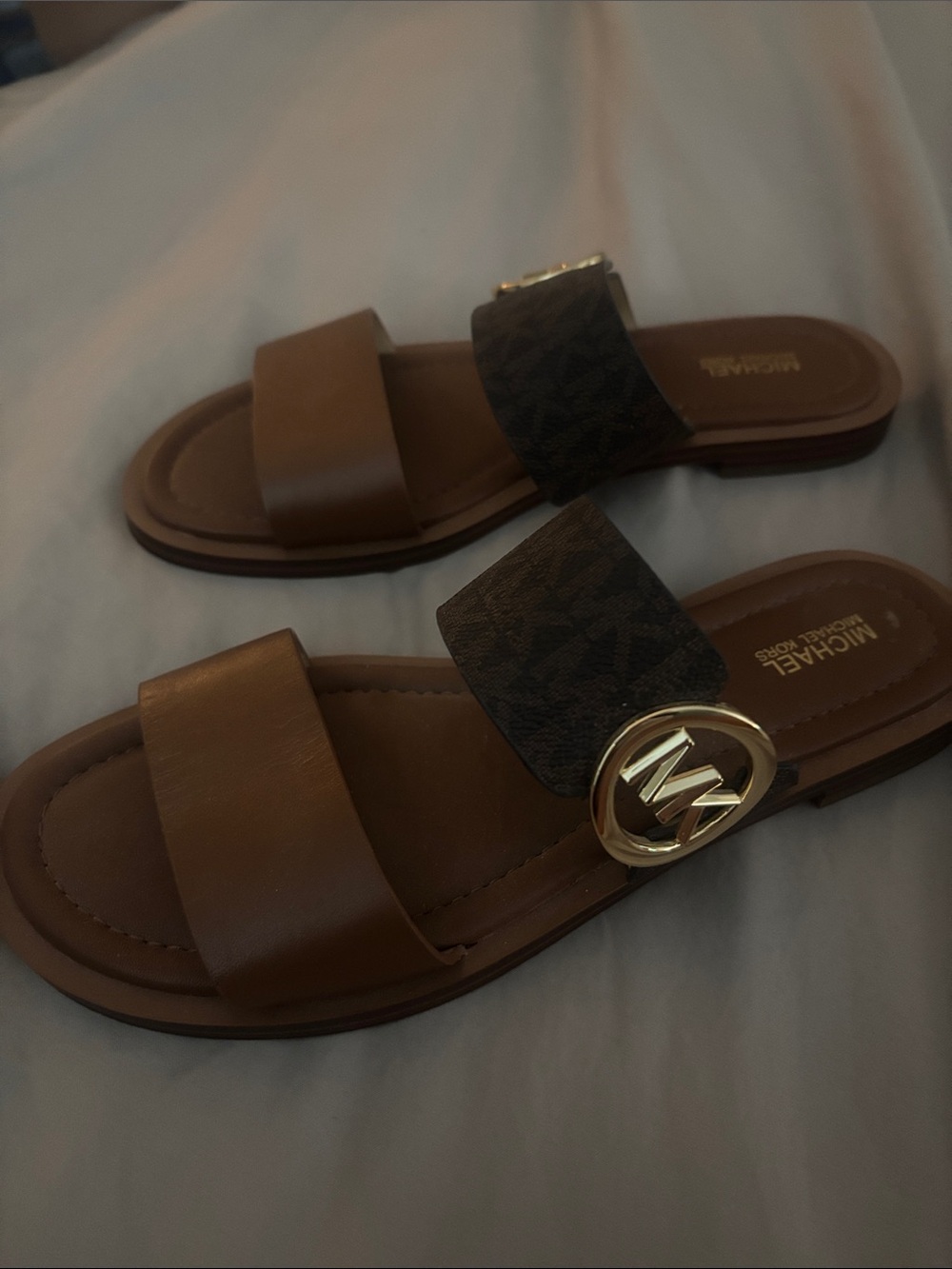 Michael Kors Brown & Monogram Gold-Logo Slide Sandals